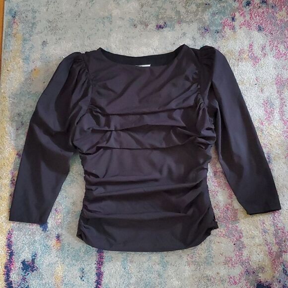 Senlis Black Rouched Shirt with Slightly Puff Sleeves - Picture 2 of 12
